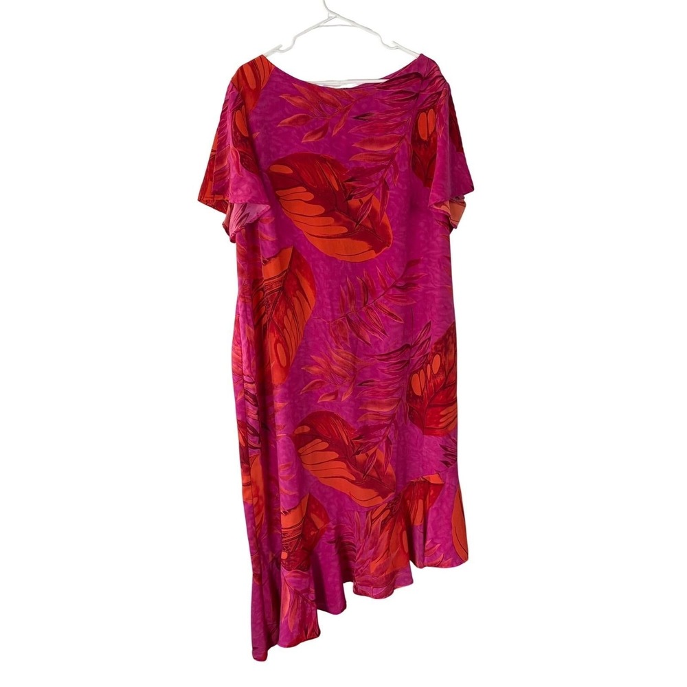 Russell‎ Kemp Woman Pink Orange Tropical Leaf Asymmetrical Ruffle Midi Dress 2X